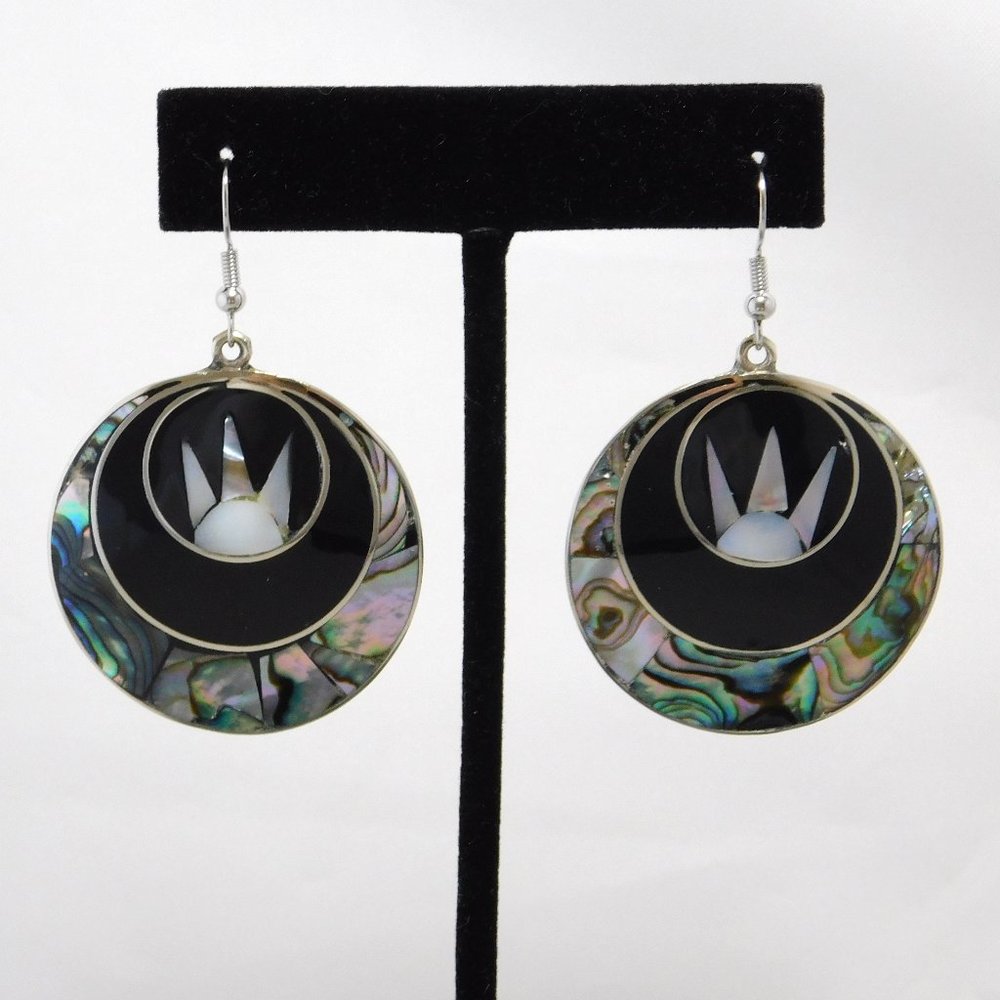 SOLD----Vintage Mexican Earrings MOP Abalone Shell Alpaca Silver Black Enamel